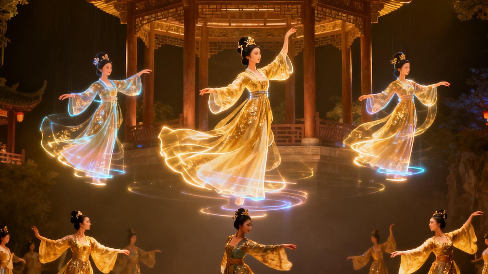 杭州宋城全息剧场内虚拟古代仕女形象与真人舞蹈演员同台表演，全息影像在半空中悬浮呈现