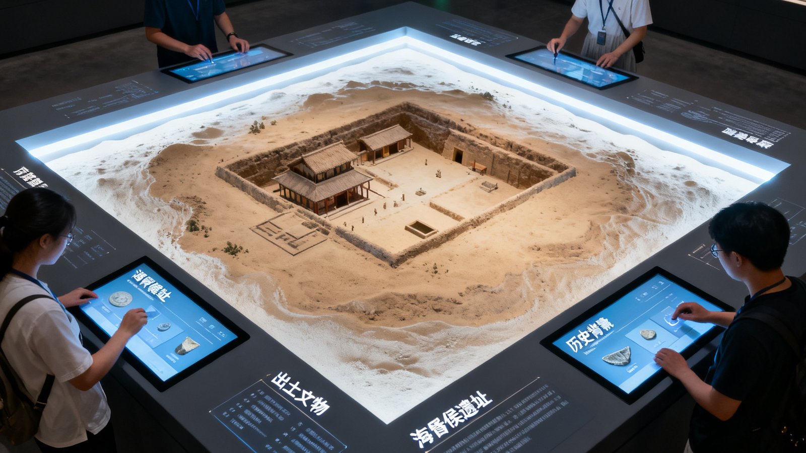 南昌汉代海昏侯遗址博物馆数字沙盘，48平方米的大型展示台面呈现遗址三维复原模型，周围参观者通过触控屏查询信息