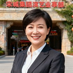 宋城集团演艺事业部总经理李慧在景区入口处的半身照，身穿职业装微笑面对镜头