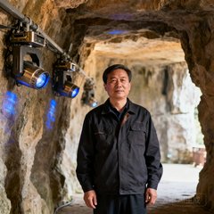 黄山花山谜窟景区管理处主任王建华在石窟入口处的工作照，身后是光影秀投影设备